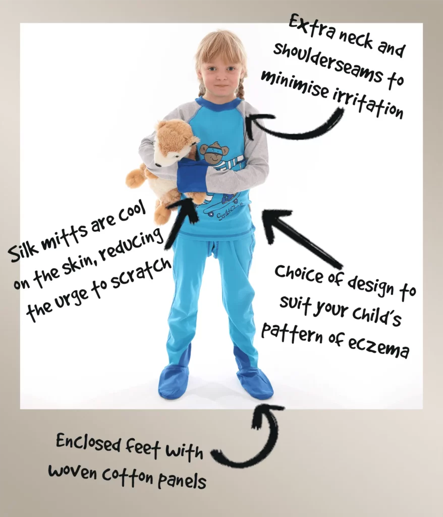 Annotated photo 7 year old girl wearing Blue ScratchSleeves SuperHero PJ set with annotations highlighting how the work to minimise eczema irritation and scratching.